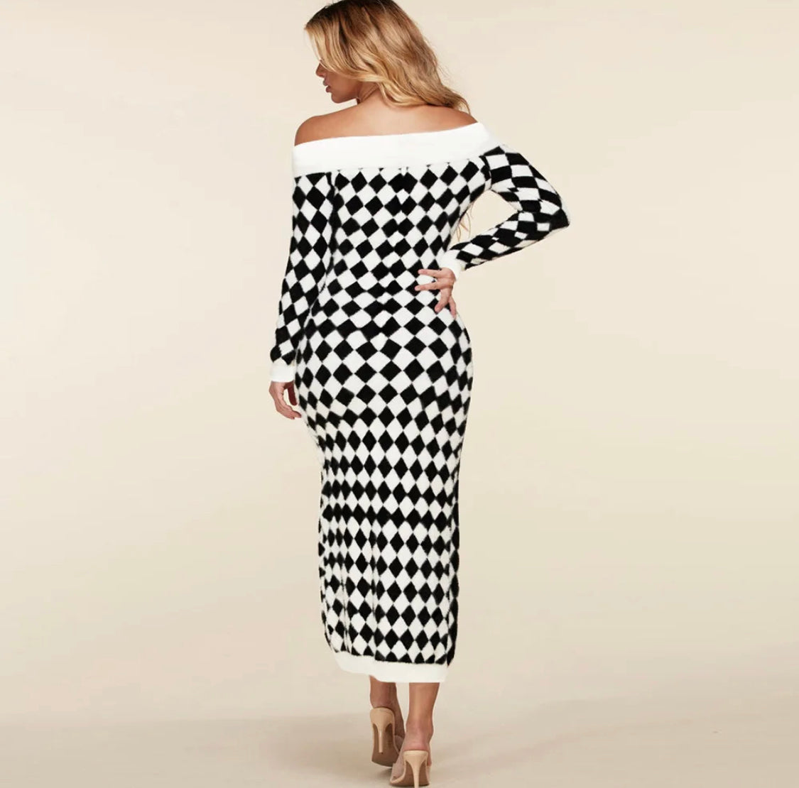 Checkered Off-the-Shoulder Fall Midi Dress