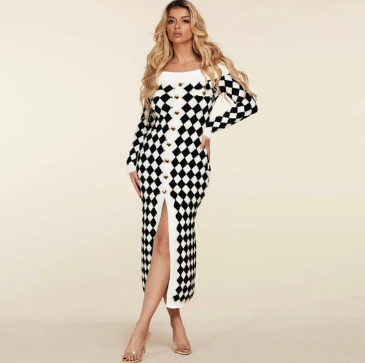 Checkered Off-the-Shoulder Fall Midi Dress